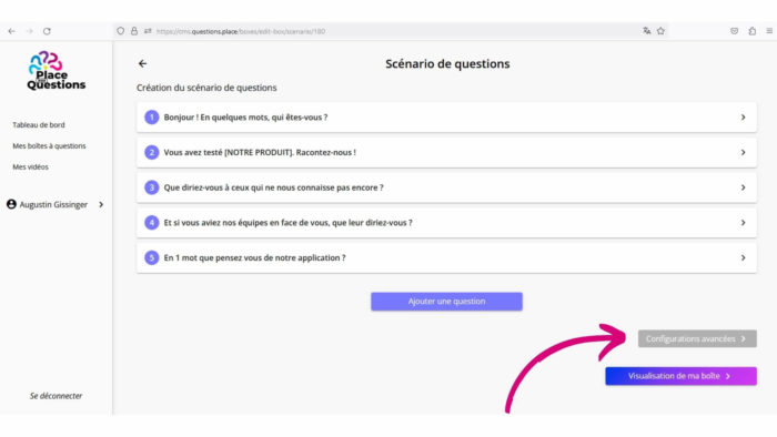 Screenshot, bouton configurations avancées pour la Place aux Questions