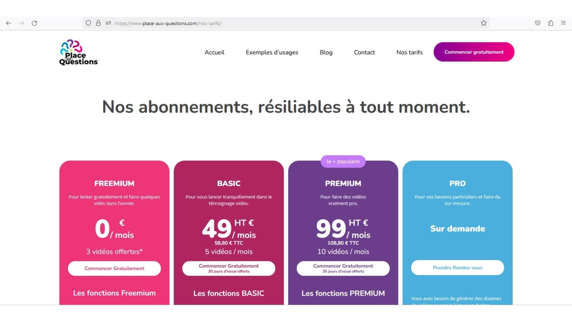 Page d'abonnement Freemium Basic Premium Pro de Place aux questions