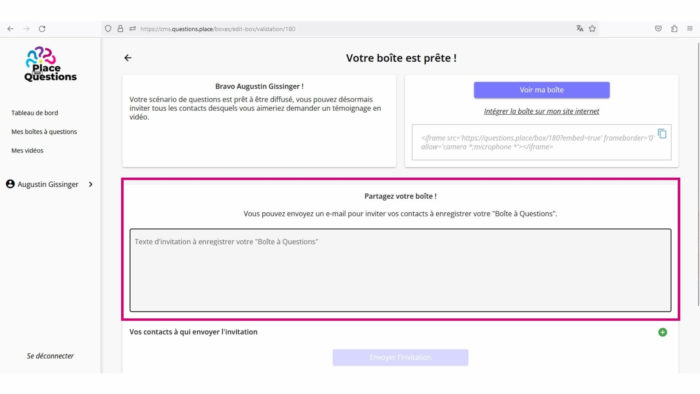 Screenshot du texte d'invitation sur la Place aux Questions